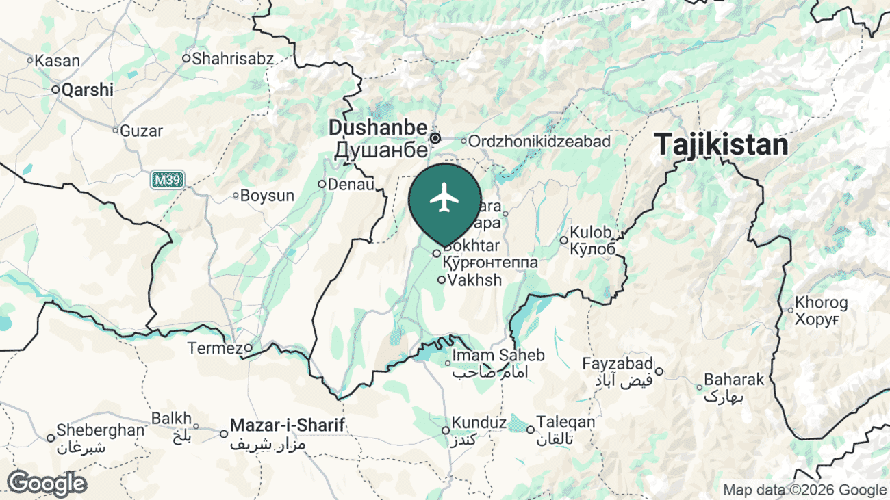 Map showing the location of Qurghonteppa (Bokhtar) International Airport (KQT) in southern Tajikistan