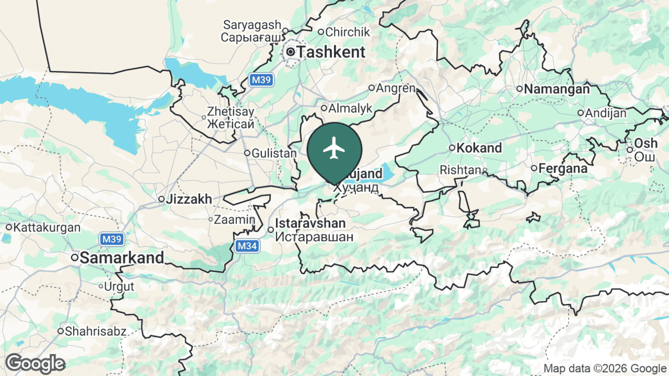Map showing the location of Khujand Airport (LBD) in the Sughd region of northern Tajikistan