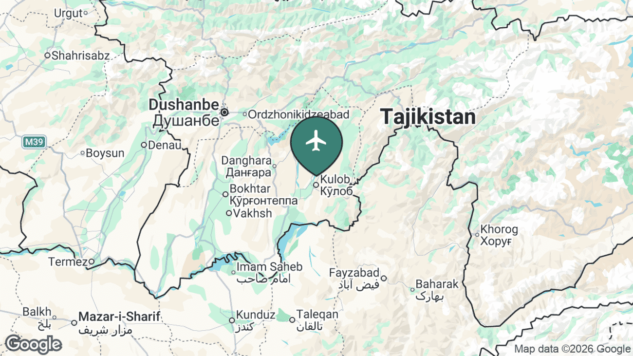 Map showing the location of Kulob Airport (TJU) in south-eastern Tajikistan