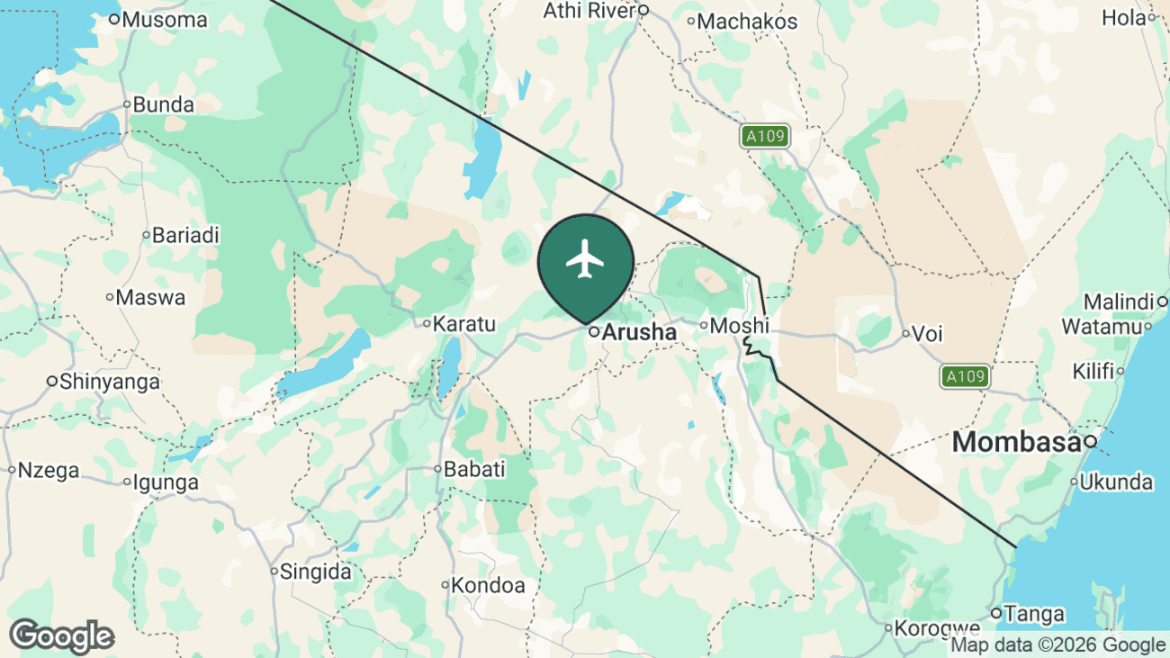 Map showing the location of Arusha Airport (ARK) in Tanzania