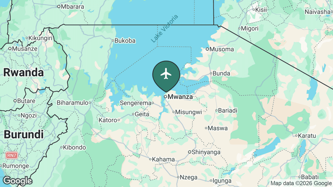 Map showing the location of Mwanza Airport (MWZ) in Tanzania