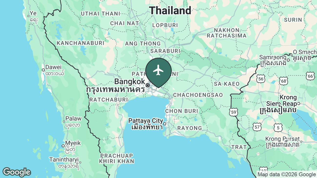 Locator map showing Suvarnabhumi Airport east of Bangkok