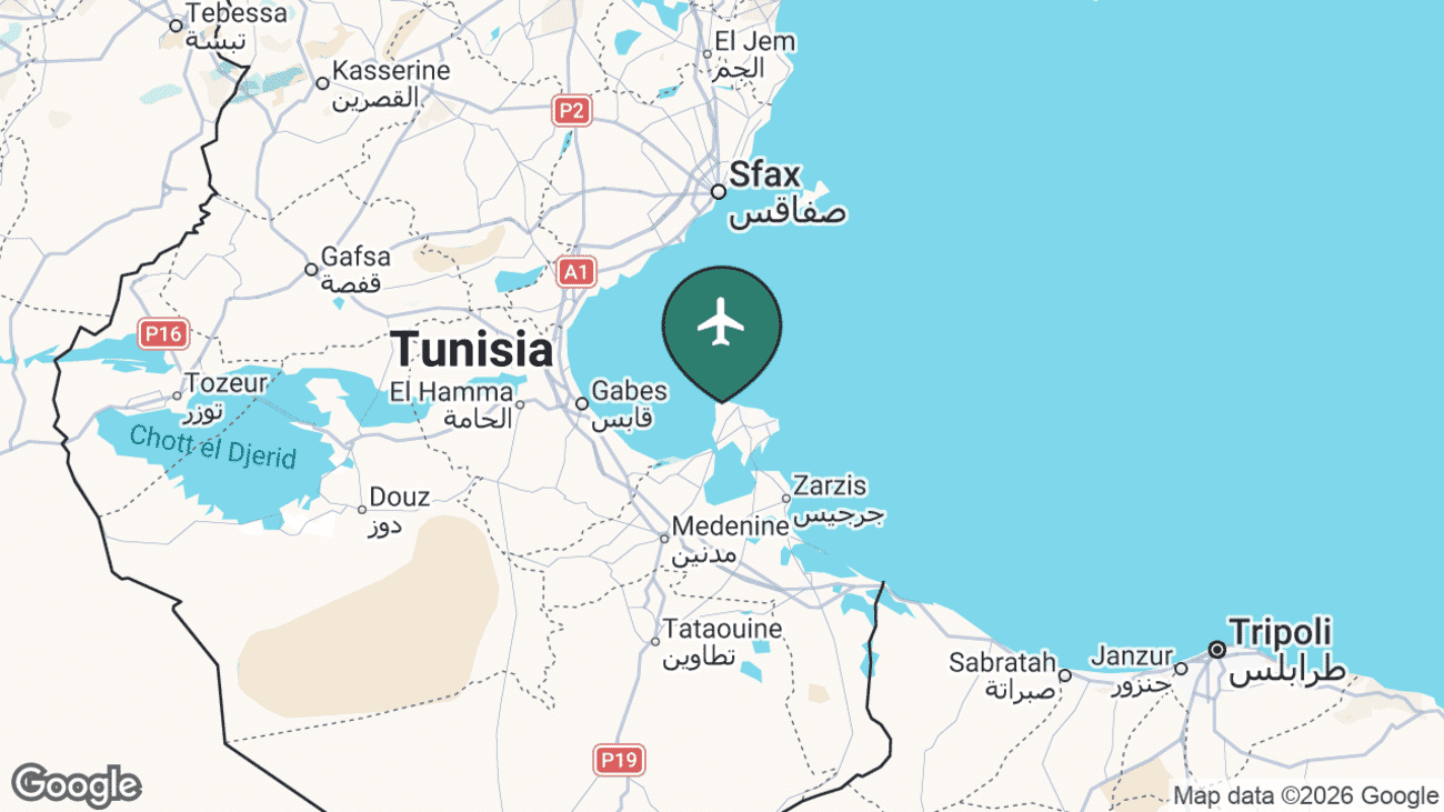 Map showing the location of Djerba Zarzis International Airport (DJE) in Tunisia