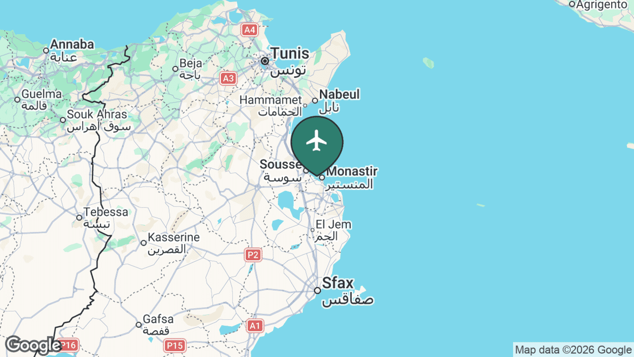 Map showing the location of Monastir Habib Bourguiba International Airport (MIR) in Tunisia