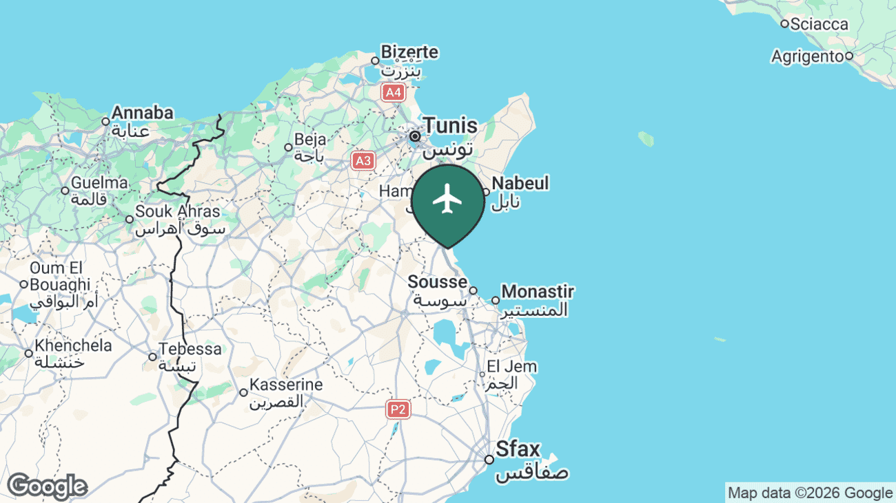 Map showing the location of Enfidha Hammamet International Airport (NBE) in Tunisia