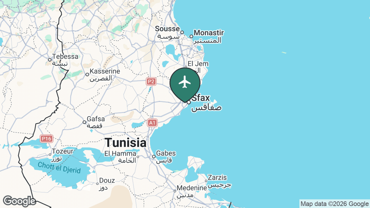 Map showing the location of Sfax Thyna International Airport (SFA) in Tunisia