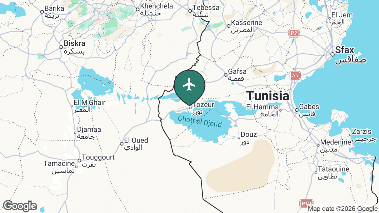 Map showing the location of Tozeur Nefta International Airport (TOE) in Tunisia