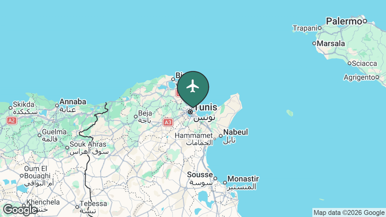 Map showing the location of Tunis Carthage International Airport (TUN) in Tunisia
