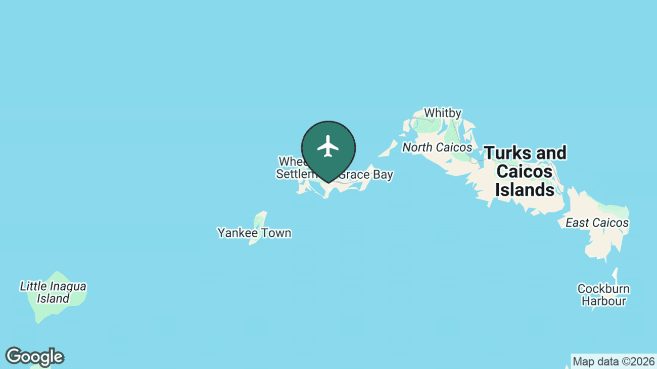 Map showing the location of Providenciales International Airport (PLS) on the island of Providenciales in the western Caicos Islands