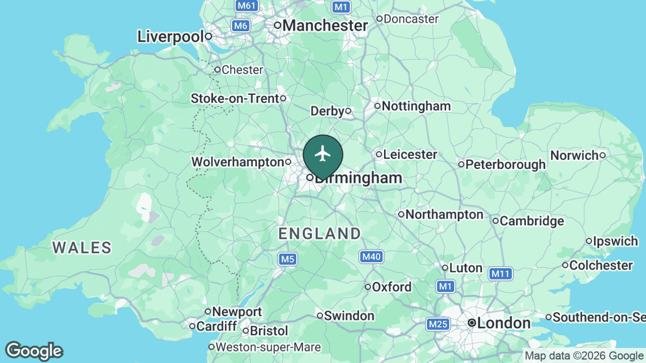 Map showing the location of Birmingham Airport (BHX) near Birmingham