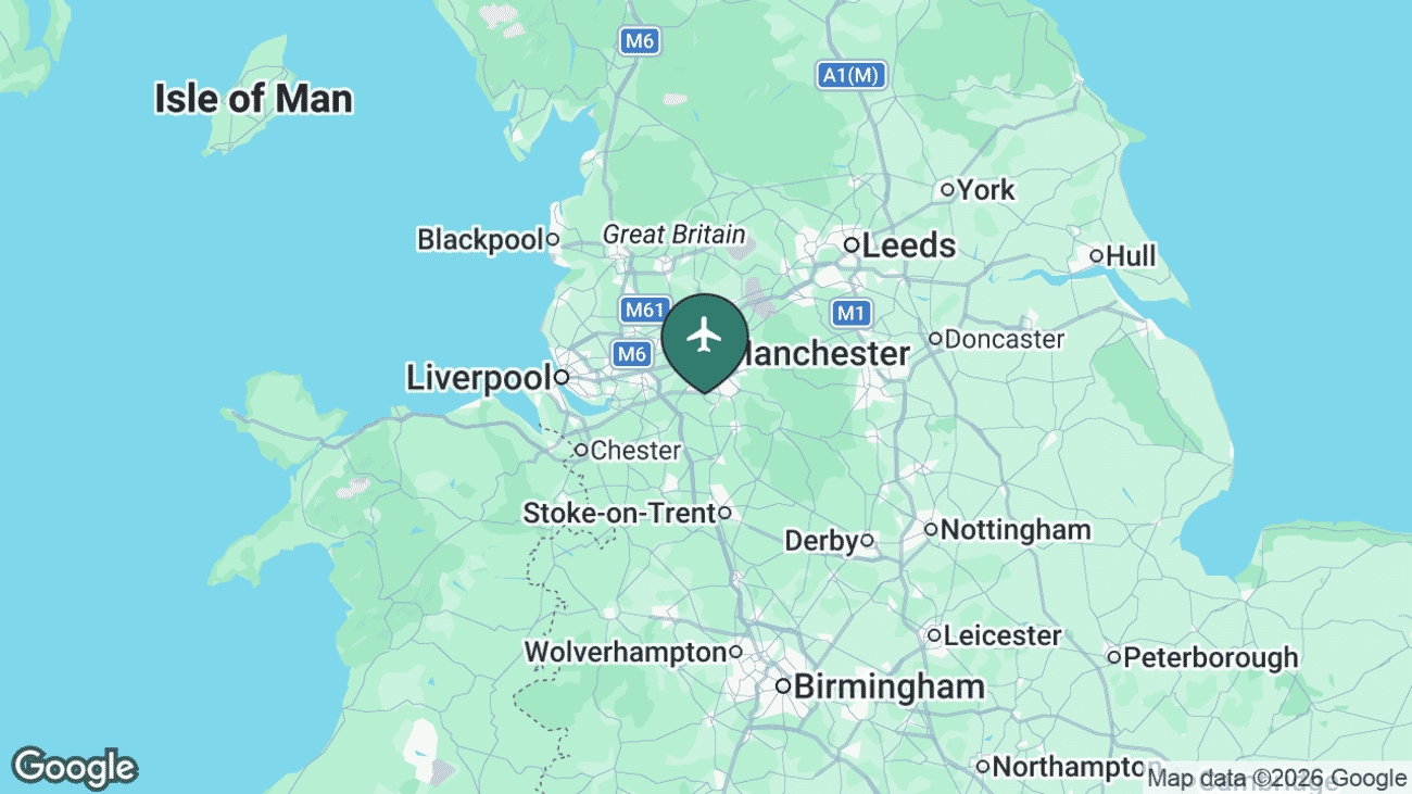 Map showing the location of Manchester Airport (MAN) near Manchester