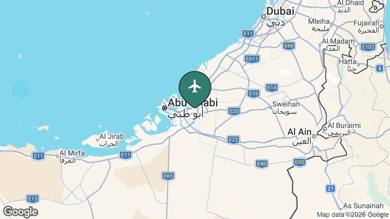 Map showing the location of Zayed International Airport (AUH) in the United Arab Emirates