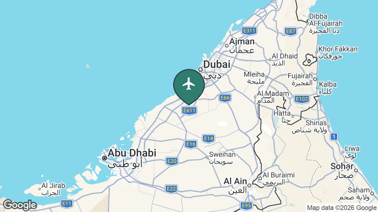 Map showing the location of Al Maktoum International Airport (DWC) in the United Arab Emirates