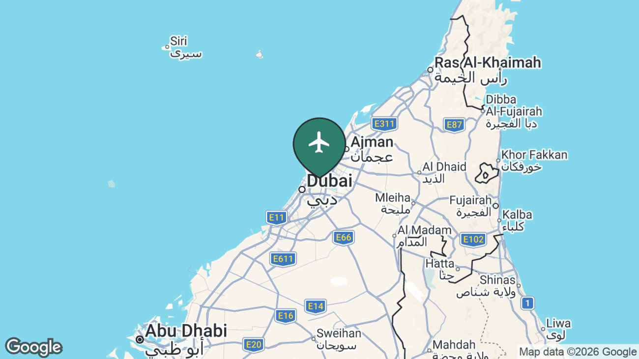 Map showing the location of Dubai International Airport (DXB) in the United Arab Emirates