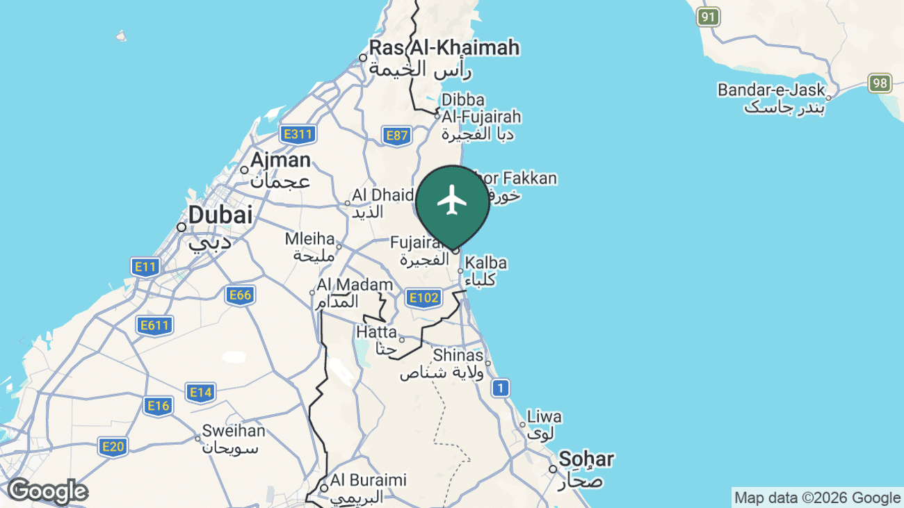Map showing the location of Fujairah International Airport (FJR) in the United Arab Emirates