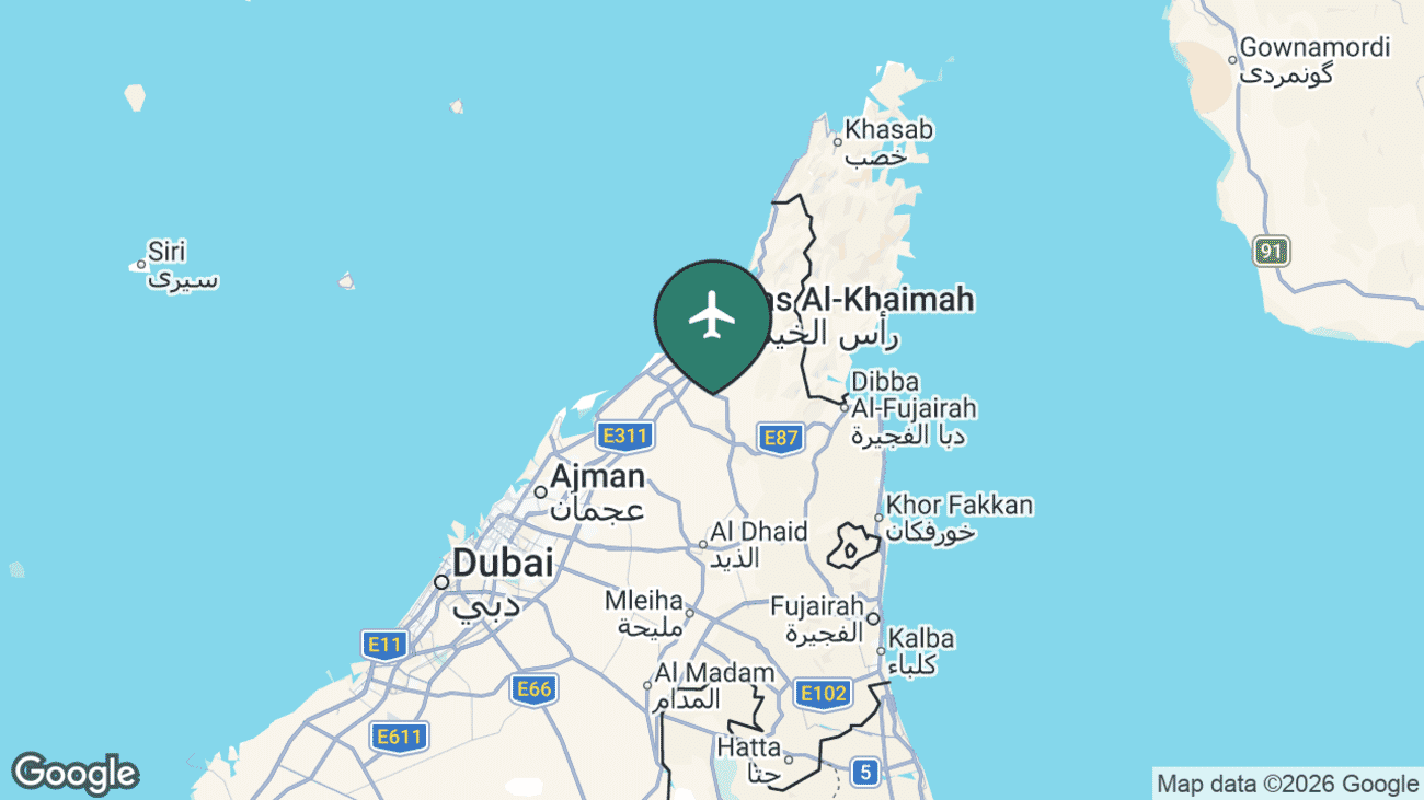 Map showing the location of Ras Al Khaimah International Airport (RKT) in the United Arab Emirates