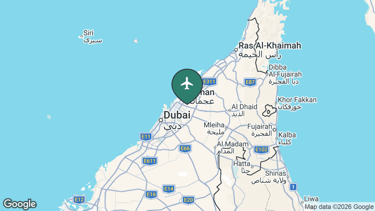 Map showing the location of Sharjah International Airport (SHJ) in the United Arab Emirates
