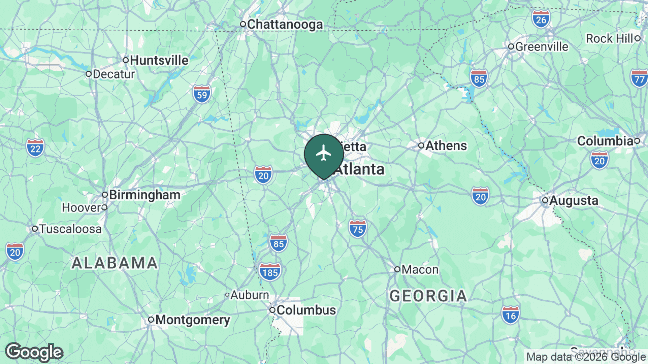 Map showing the location of Hartsfield Jackson Atlanta International Airport (ATL) near Atlanta