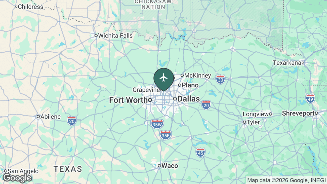 Map showing the location of Dallas Fort Worth International Airport (DFW) near Dallas
