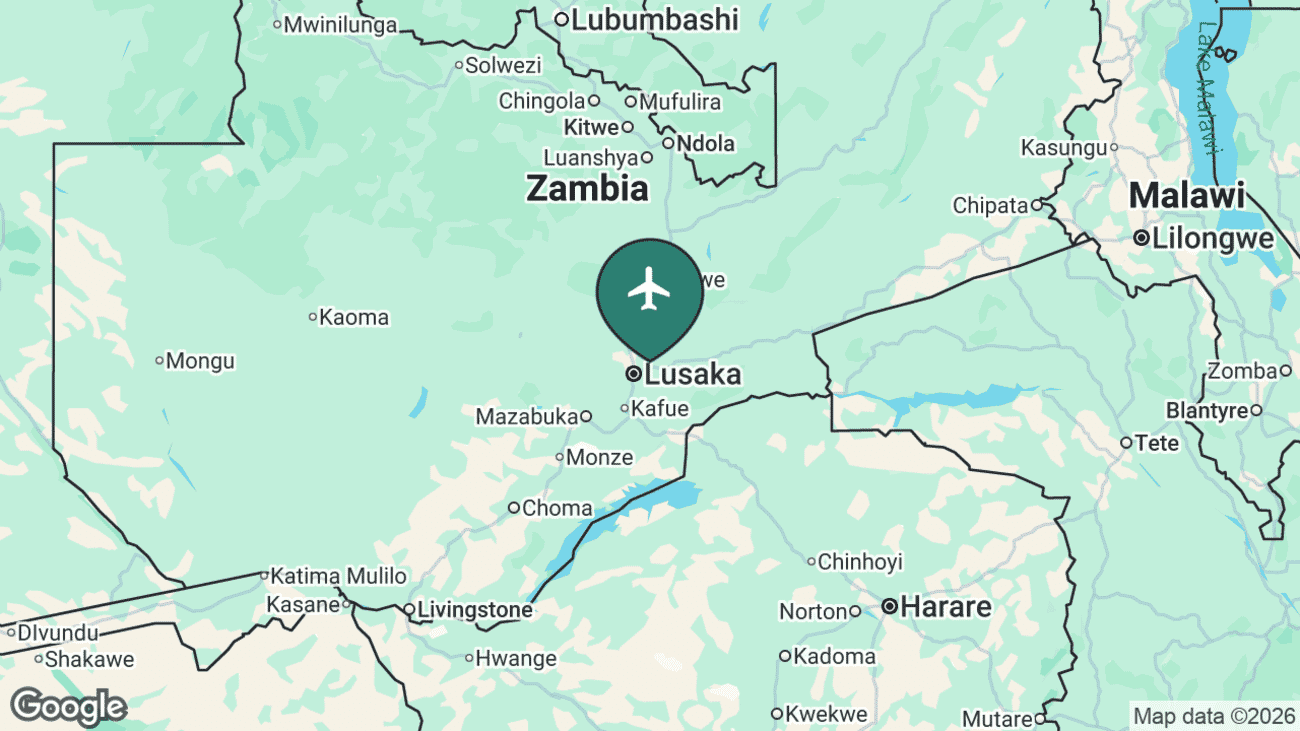 Map showing the location of Kenneth Kaunda International Airport (LUN) in Zambia