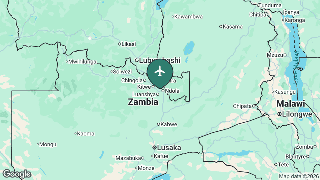 Map showing the location of Simon Mwansa Kapwepwe International Airport (NLA) in Zambia