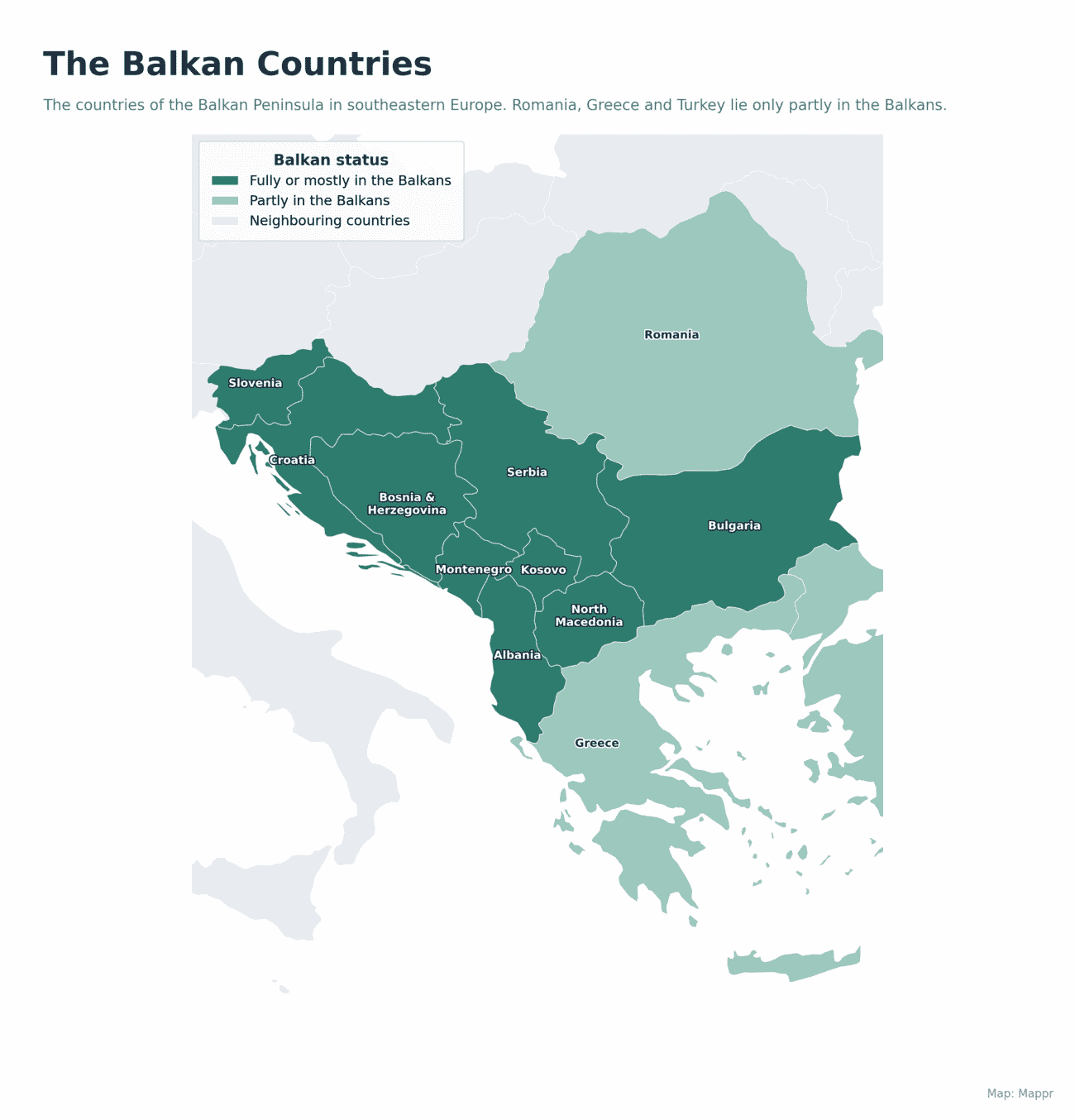 Map of the Balkan countries highlighted in southeastern Europe