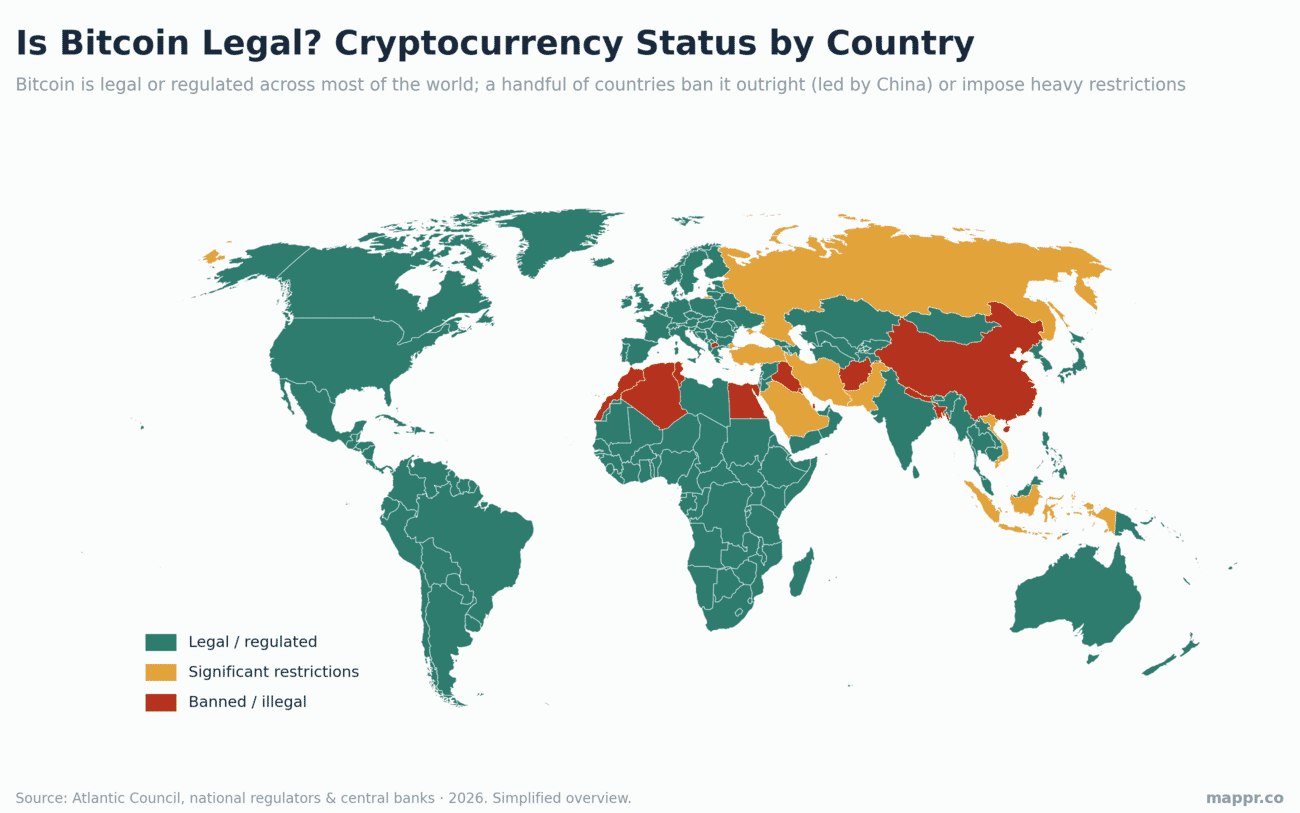 World map of Bitcoin legal status by country: legal, restricted, or banned