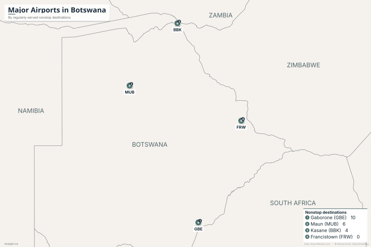 Map of major airports in Botswana ranked by regularly-served nonstop destinations, led by Gaborone
