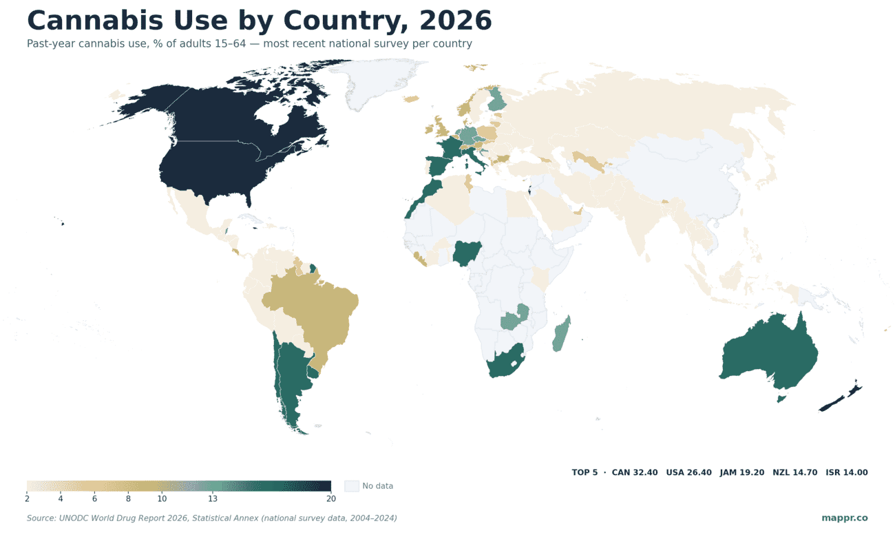 World choropleth map of past-year cannabis use by country, 2026, from the UNODC World Drug Report