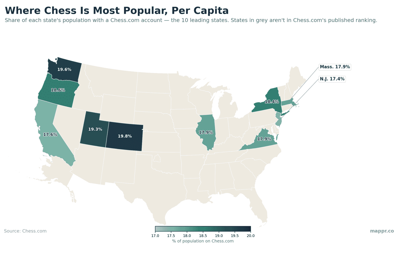 Map of Chess.com members per capita by US state