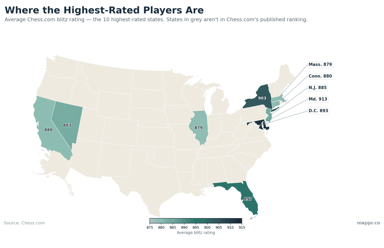 Map of average Chess.com blitz rating by US state