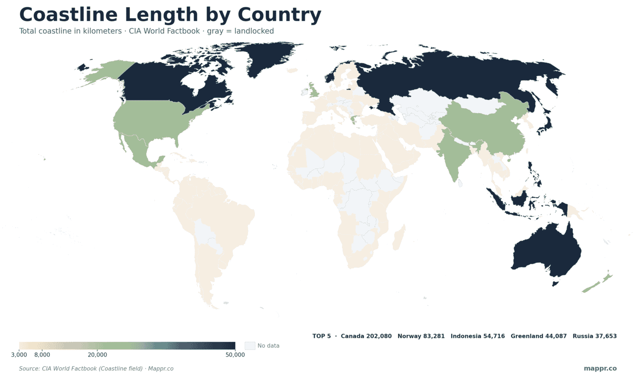 World choropleth map shading countries by total coastline length in kilometers, with Canada, Russia, Indonesia, Norway and Australia having the longest coastlines and landlocked countries shown in gray