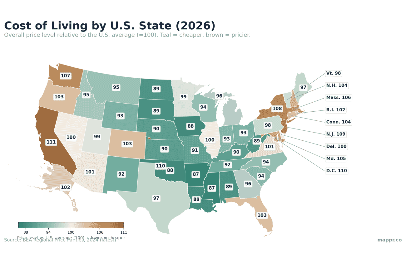 Map of cost of living by US state in 2026 (Regional Price Parities)