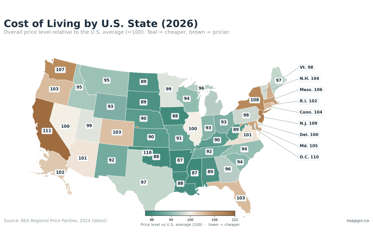 Map of cost of living by US state in 2026 (Regional Price Parities)