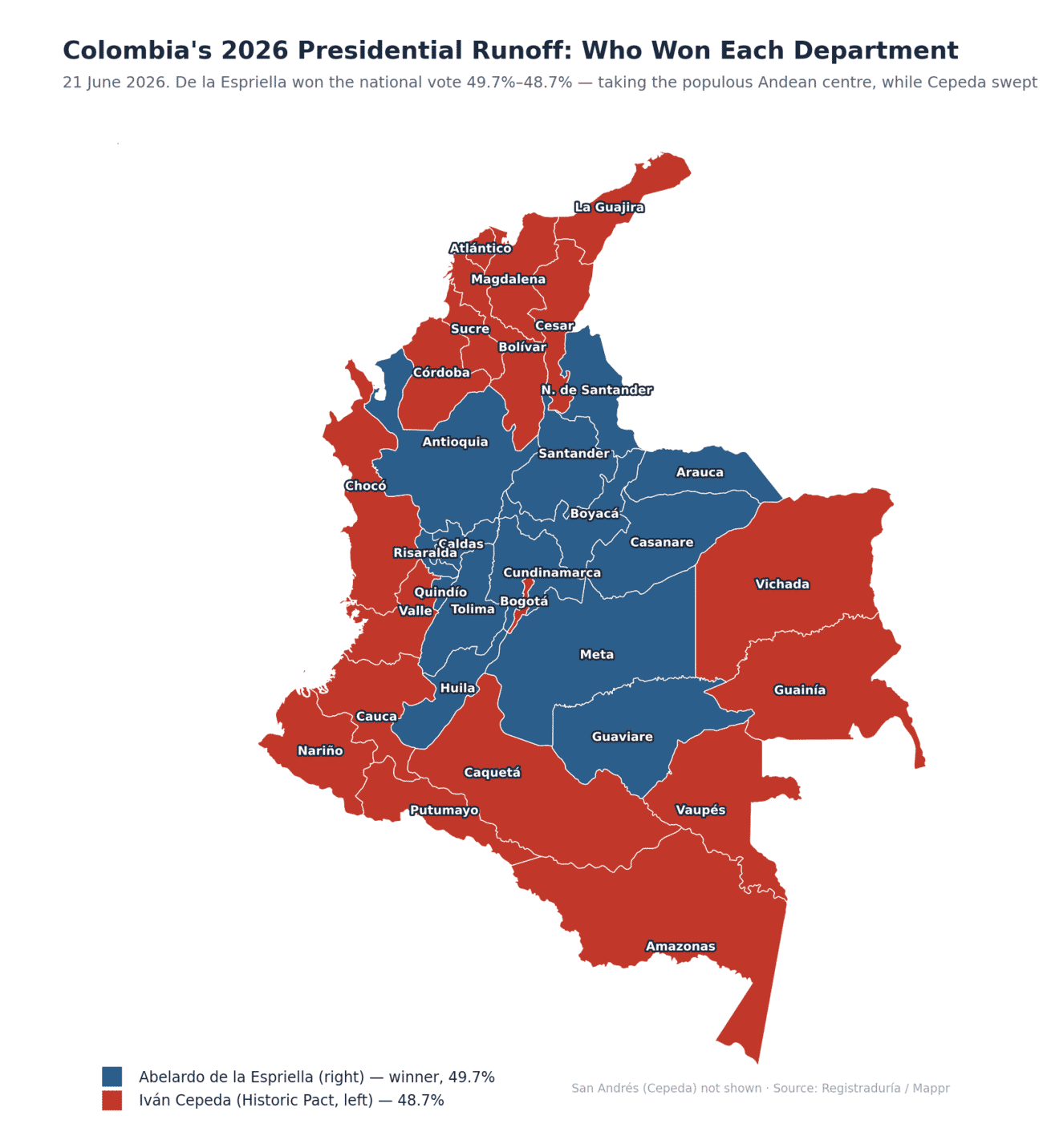 Map of Colombia 2026 presidential runoff winner by department