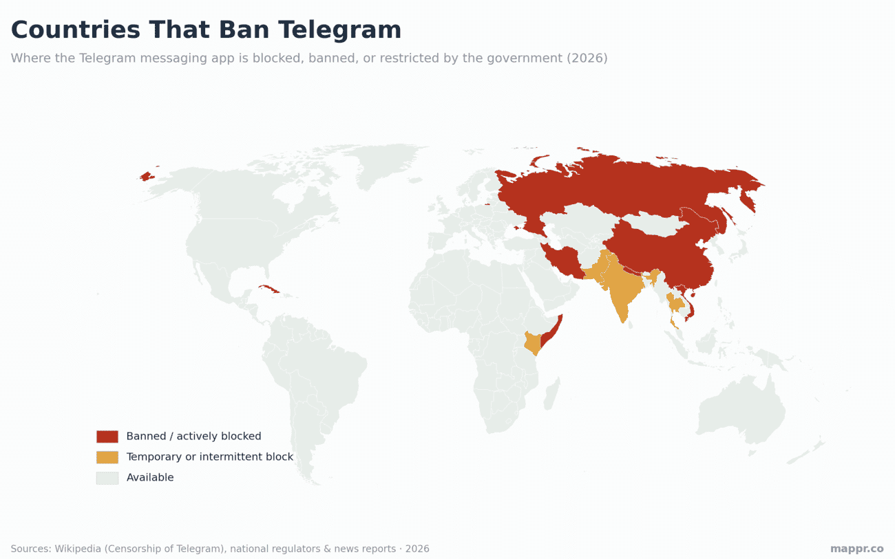 World map showing countries that ban or block the Telegram messaging app
