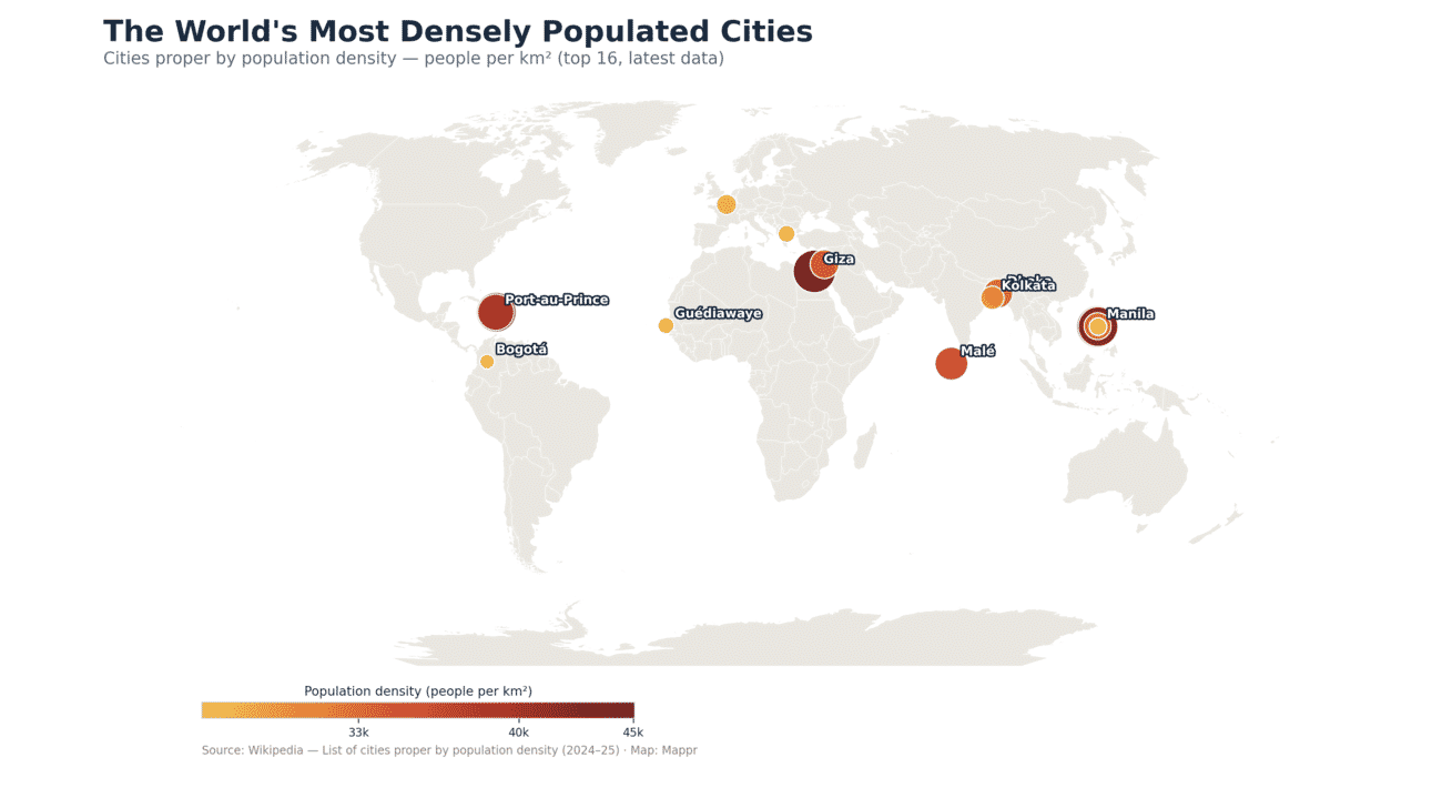 World map of the most densely populated cities, sized by people per square kilometre