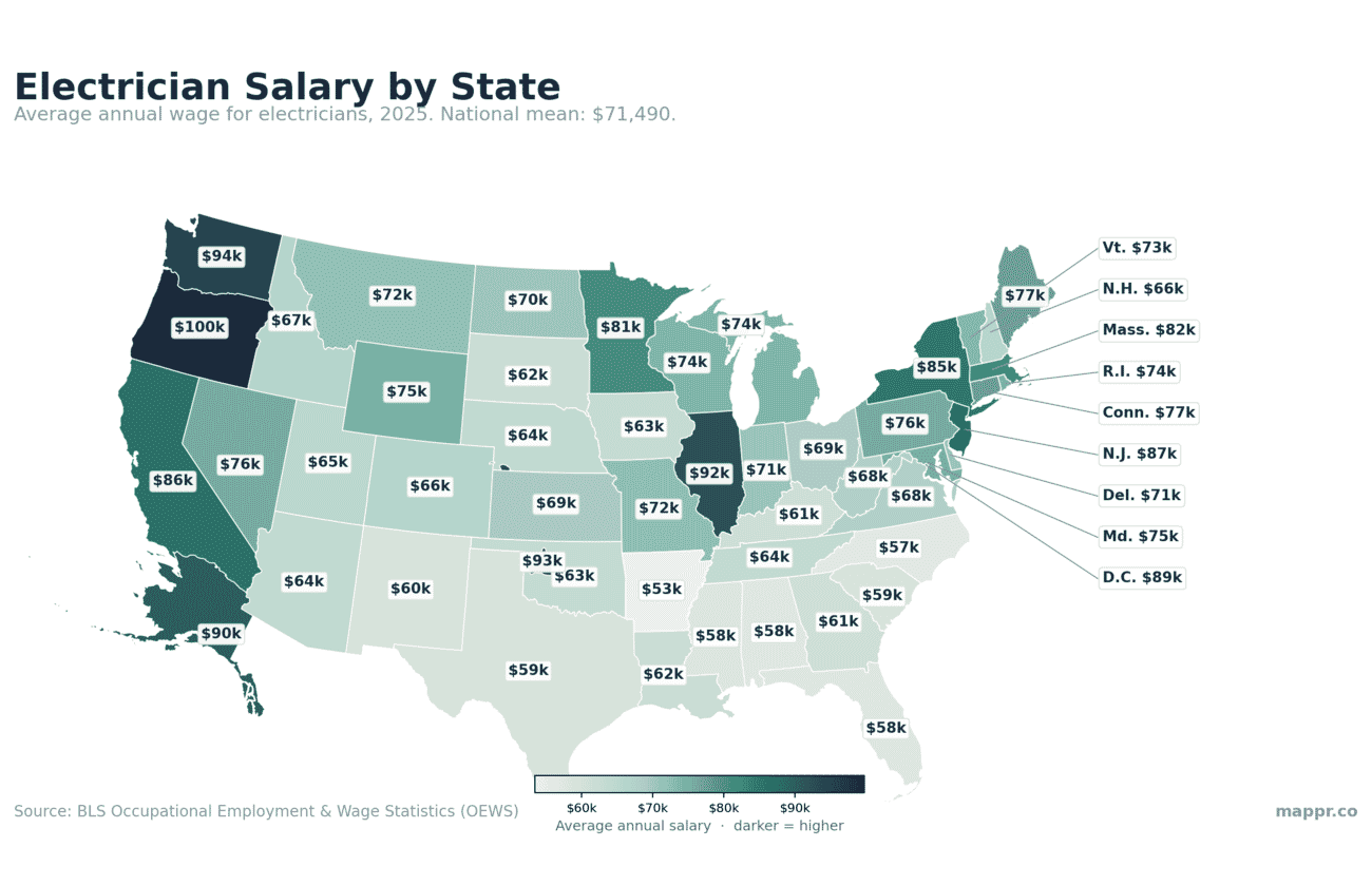 Map of Electrician salary by US state