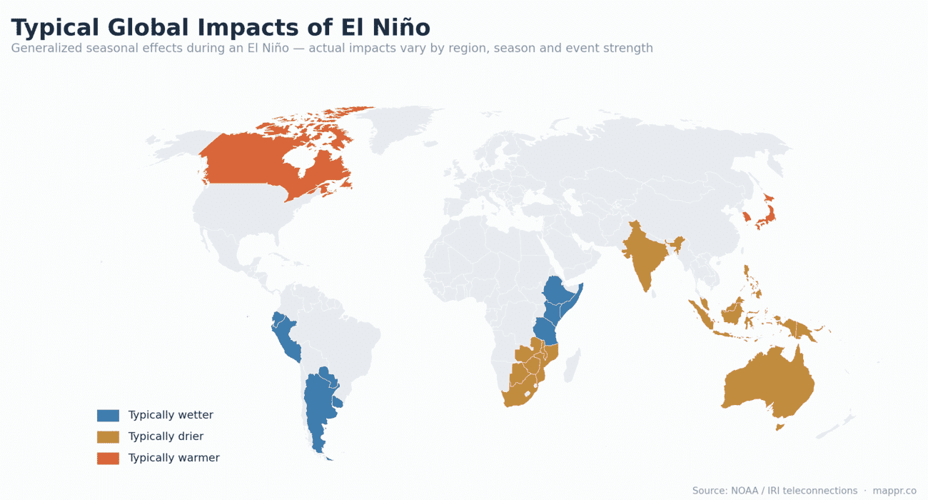 World map of the typical seasonal impacts of El Niño, showing wetter, drier and warmer regions