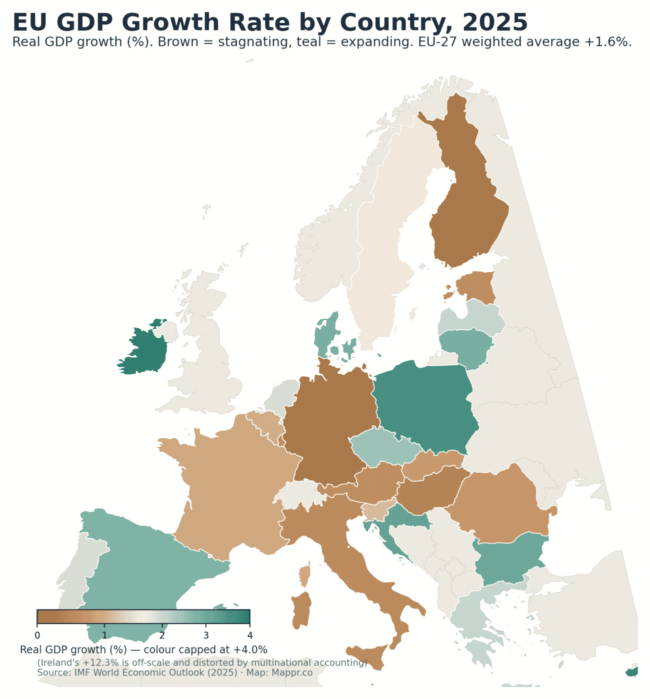 Choropleth map of EU GDP growth rate by country in 2025