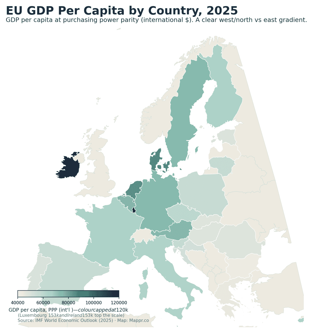 Choropleth map of EU GDP per capita PPP by country in 2025