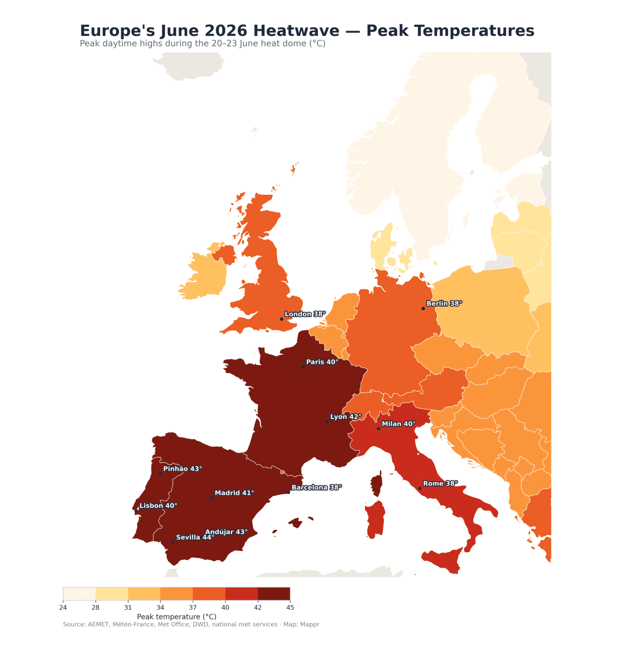 Map of Europe showing peak temperatures during the June 2026 heatwave, with Iberia and France reaching 44 degrees Celsius