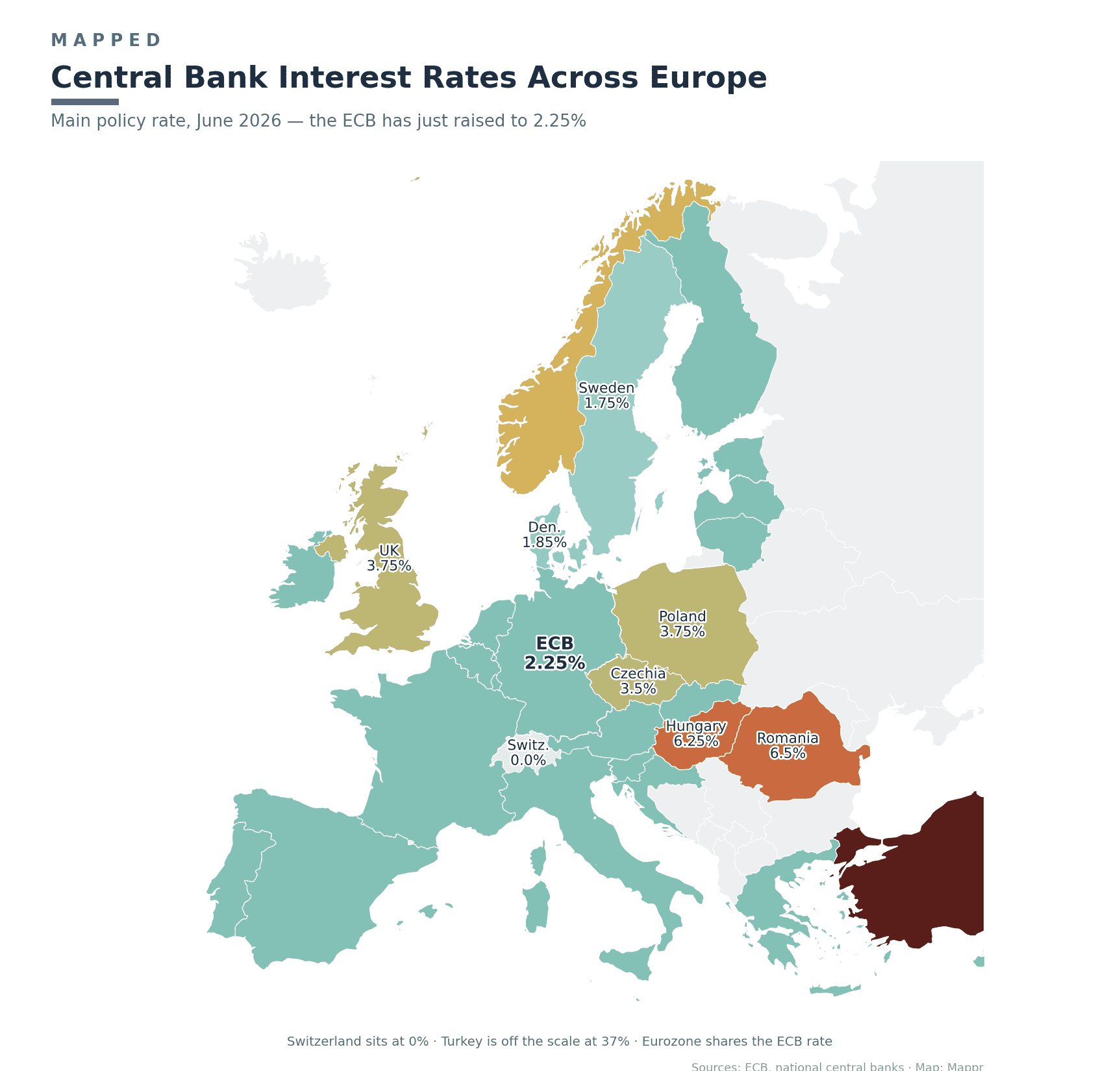 Map of central bank policy rates across Europe in June 2026
