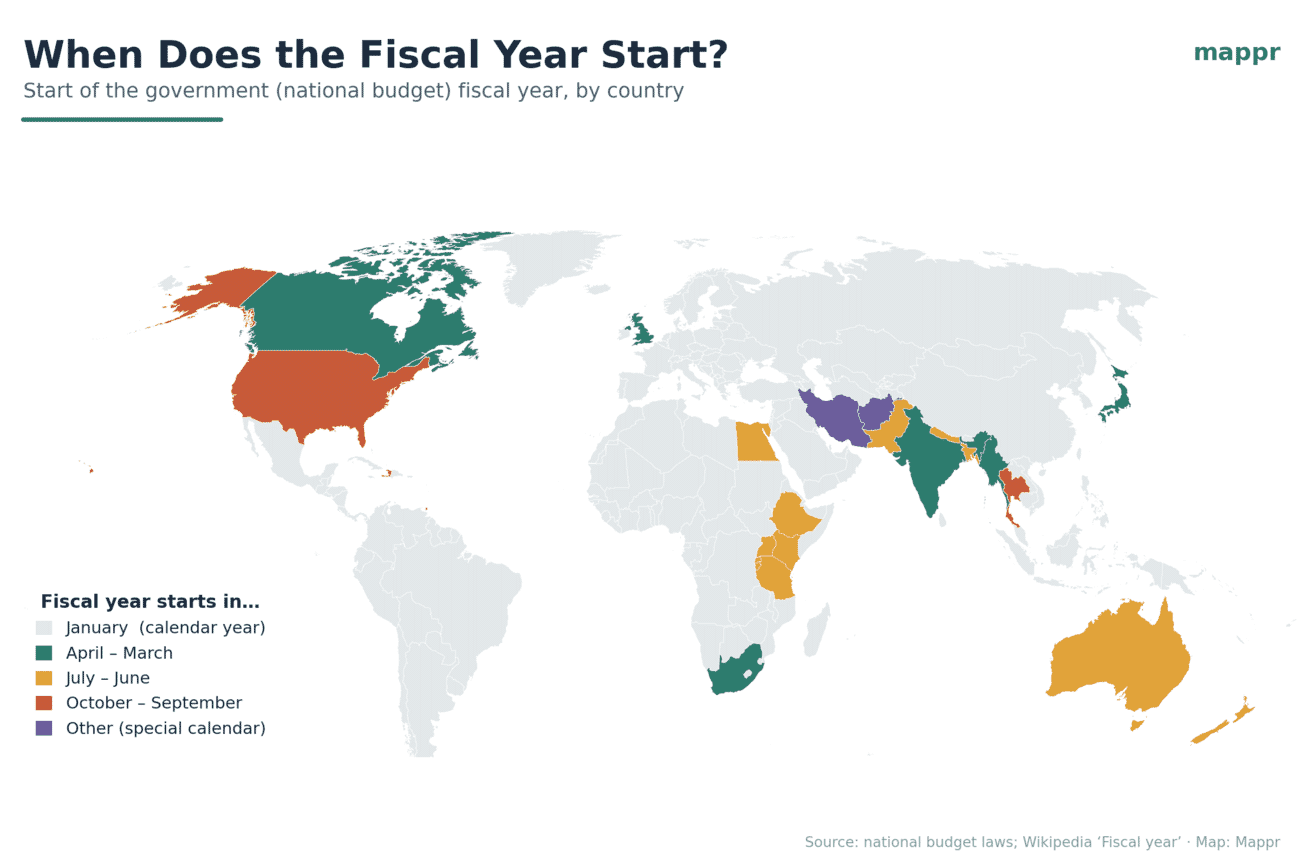 World map showing when each country government fiscal year starts — January, April, July, October or a special calendar