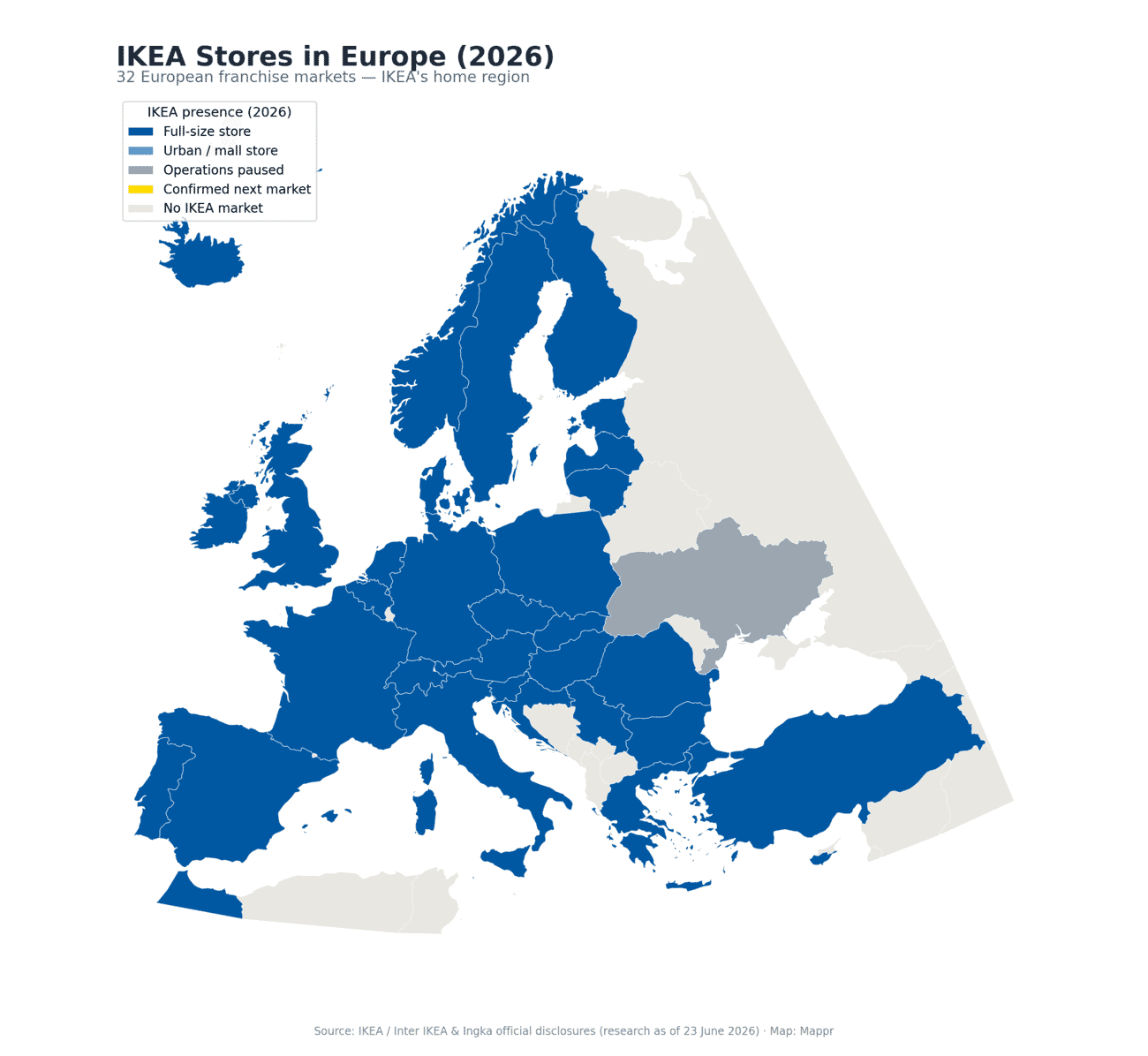 Map of IKEA stores across European countries in 2026