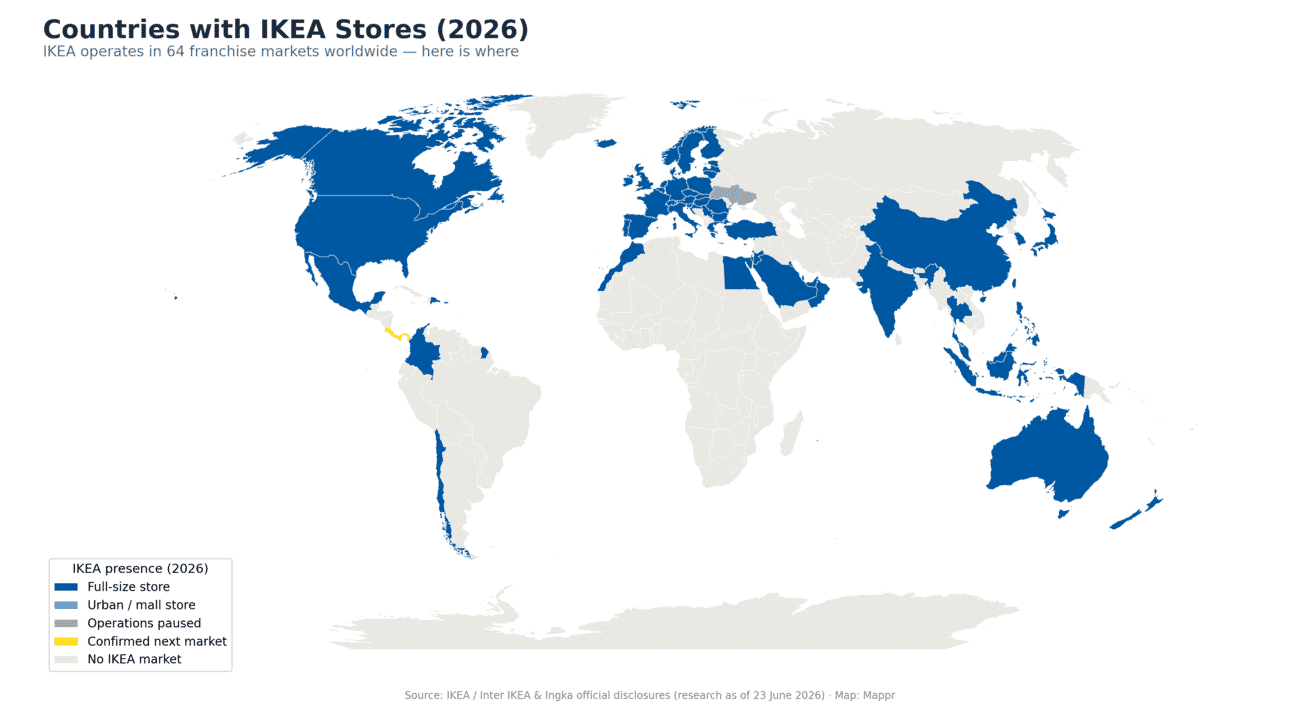 World map of countries with IKEA stores in 2026, colour-coded by store type