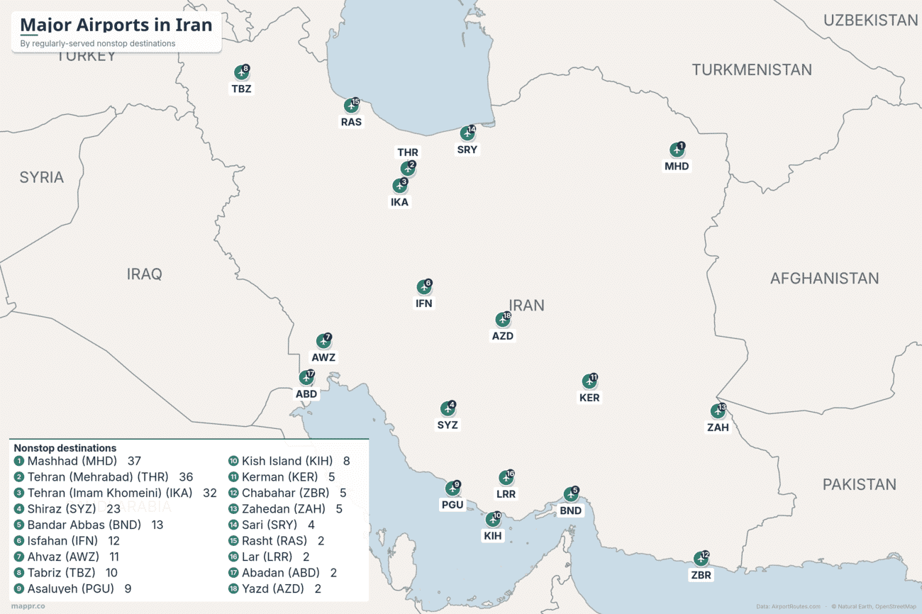 Map of major airports in Iran ranked by number of regularly-served nonstop destinations, from Mashhad and Tehran to Shiraz, Isfahan and the Gulf coast
