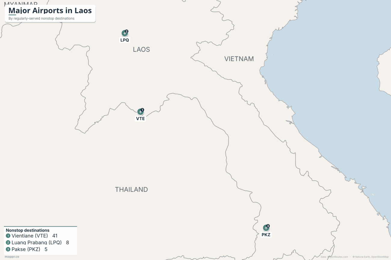 Map of major airports in Laos ranked by regularly-served nonstop destinations, led by Vientiane (Wattay), Luang Prabang and Pakse