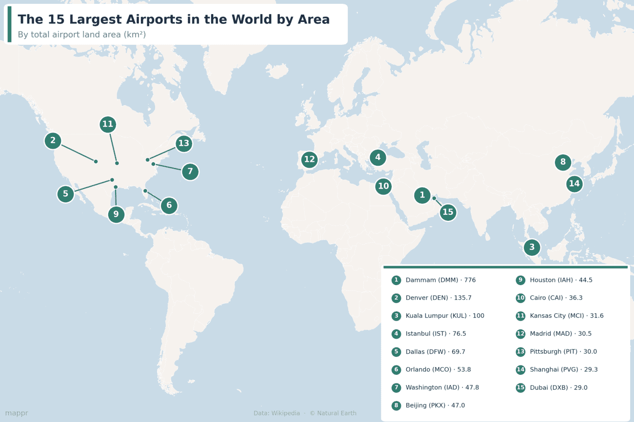 World map showing the locations of the 15 largest airports by area
