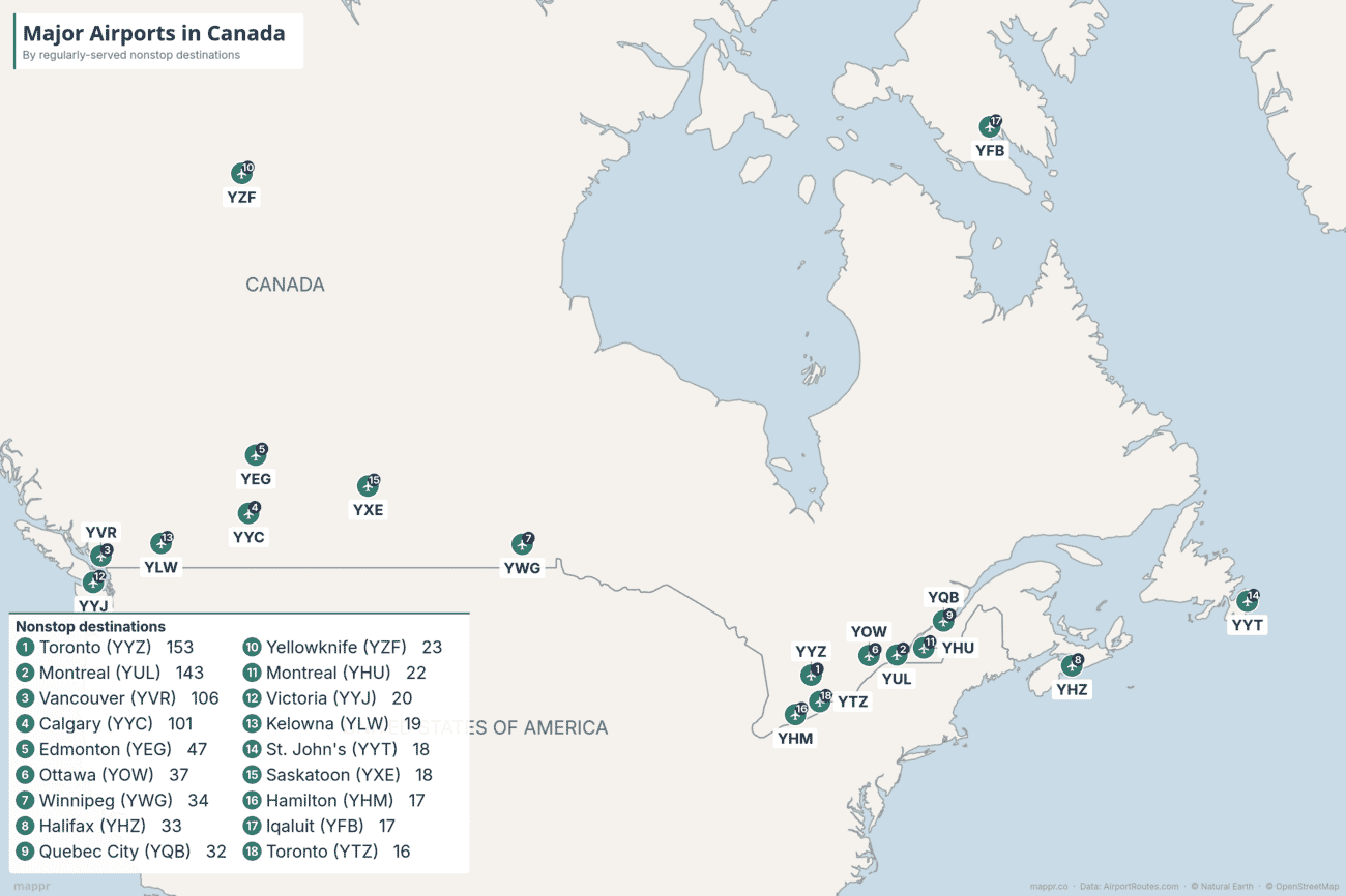 Map of major airports in Canada ranked by number of regularly-served nonstop destinations, from Toronto, Montreal, Vancouver and Calgary to Halifax, St. John's and the northern gateways of Yellowknife and Iqaluit